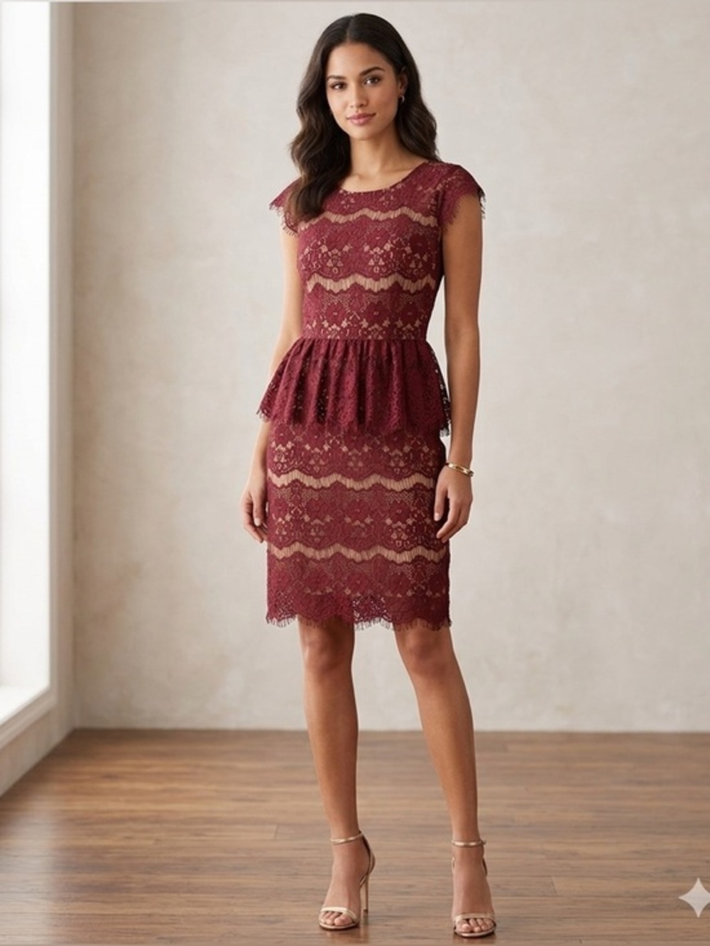 Anthropologie Maeve Women’s X Elsa Small Red Wine Lace Peplum Cocktail Dress XS